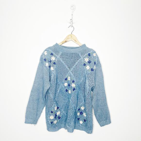vtg 80's 90's NEEDLES & YARN floral embroidered chunky knit sweater blue size M - Picture 1 of 8